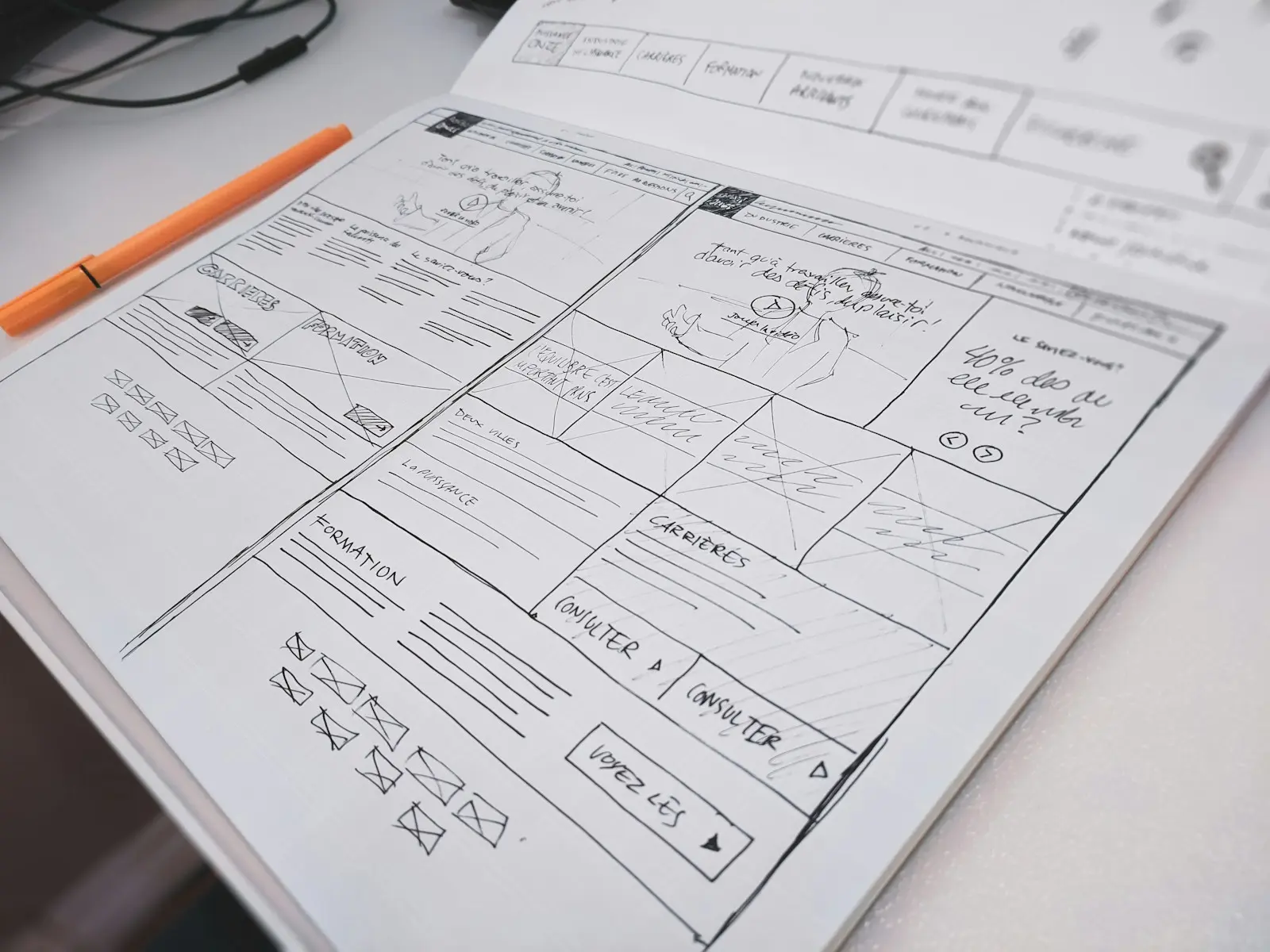 A hand-drawn website wireframe on paper, next to an orange pen